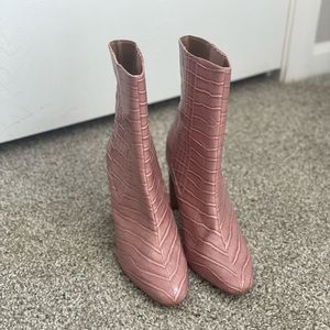 Faux Croc Pink Heeled Ankle Booties. US 9